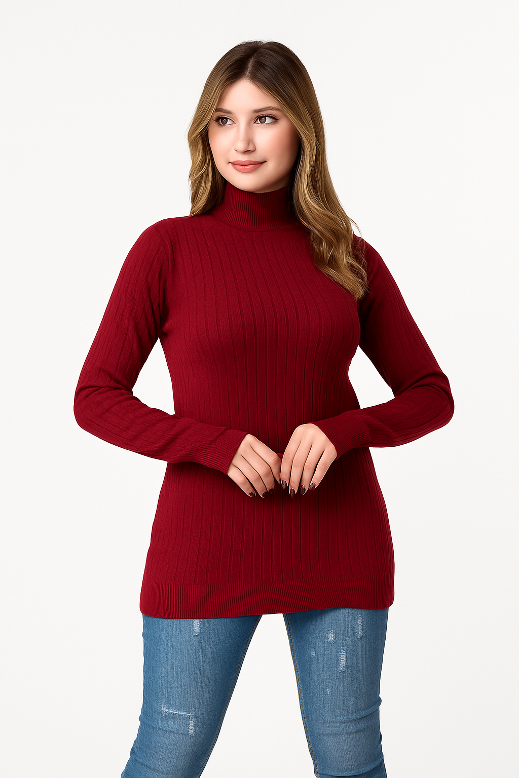 Long High Collar Ribbed Top Finger Cut
