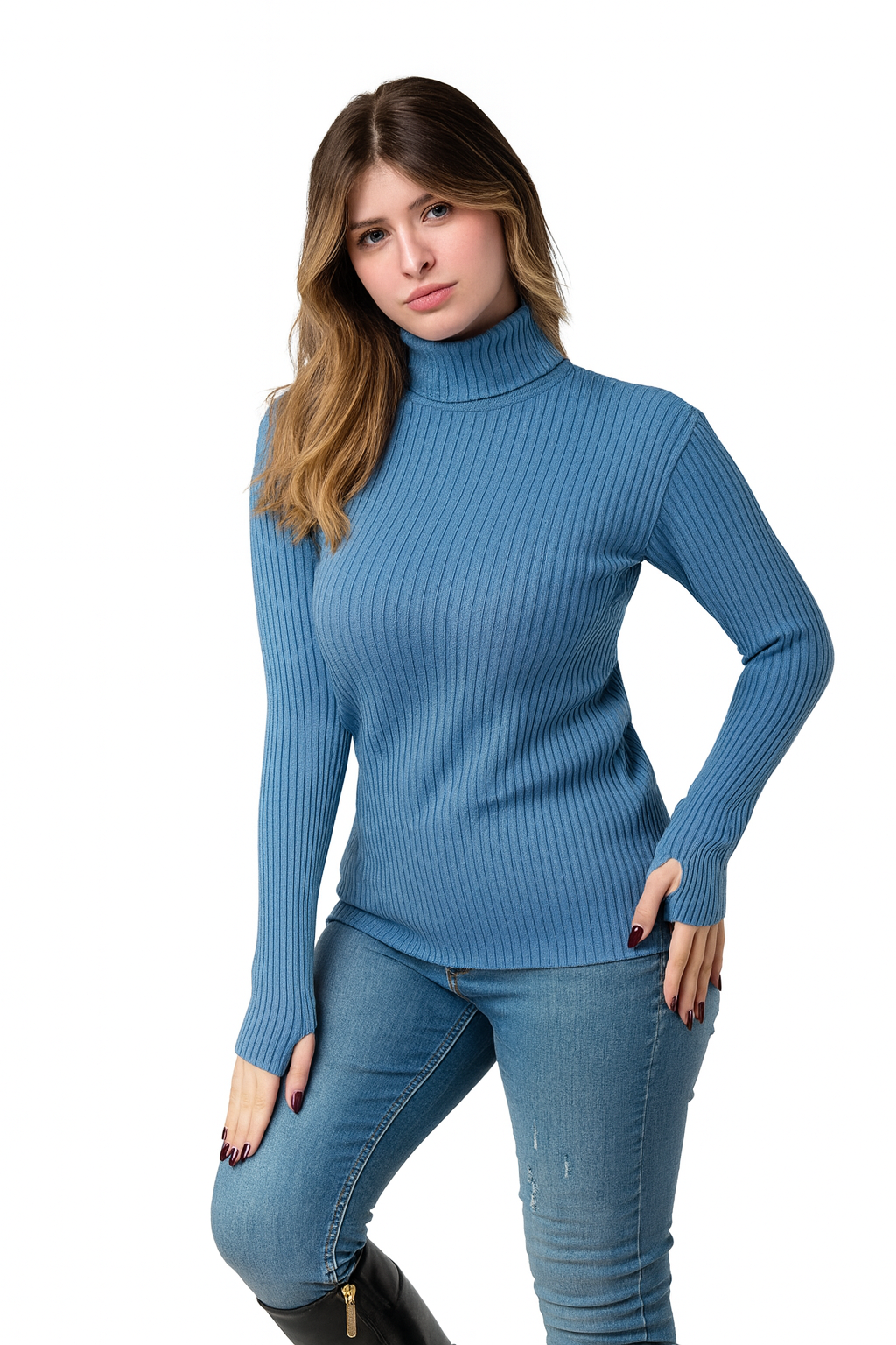 Short ribbed high collar top with stylish finger cut sleeves.